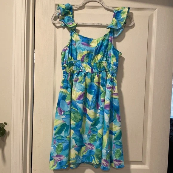 NWOT Blu Pepper L Blue/Green/Purple Palm Pattern Ruffle Dress - Picture 7 of 9